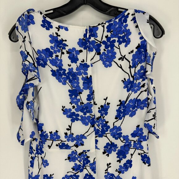 Nine West Floral Dress A Line Cold Shoulder Ruffle Cocktail Blue White - Picture 7 of 10